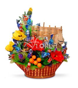 candy bouquet in a basket